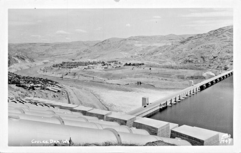 COULEE DAM WASHINGTON~ELLIS #1947 AERIAL VIEW REAL PHOTO POSTCARD