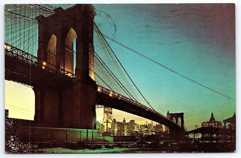 1966 Brooklyn Bridge Glittering Manhattan Skyline New York City Posted Postcard