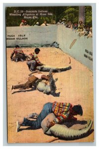 Vintage 1952 Postcard Seminole Indian Alligator Wrestling Miami Florida