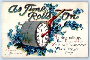c1910's New Year As Time Rolls On Clock And Flowers Embossed Antique Postcard