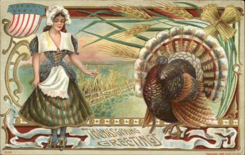 Thanksgiving - Pretty Pilgrim Woman Turkey P. Sander #325 c1910 Postcard