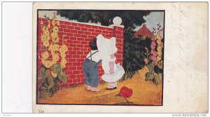 The Lovers, Boy kissing girl wearing white bonnet in the garden, PU-1909