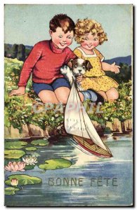 Old Postcard Fantasy Illustrator Child Bonne fete Boat