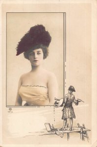 Miniature Painter Admiring Beauty with Hat Passepartout vintage postcard