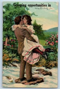 Waterloo Iowa IA Postcard Grasping Opportunities Couple Scene 1912 Antique