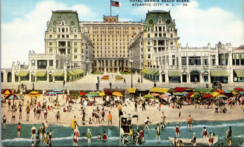 Vtg 1940s Hotel Dennis Beach Scene Atlantic City New Jersey NJ Linen Postcard