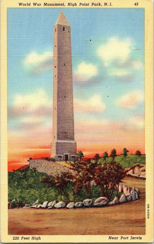 World War Monument High Point New Jersey Port Jervis Vintage Postcard Unposted 