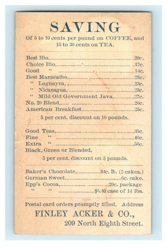 1880s-90s Finley Acker & Co. Coffee Chocolate Tea Pricing Card P220