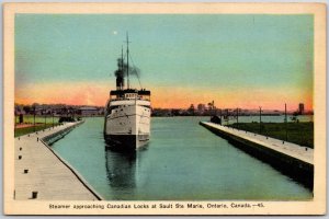 Steamer Approaching Canadian Locks At Sault Ste Marie Ontario Canada Postcard