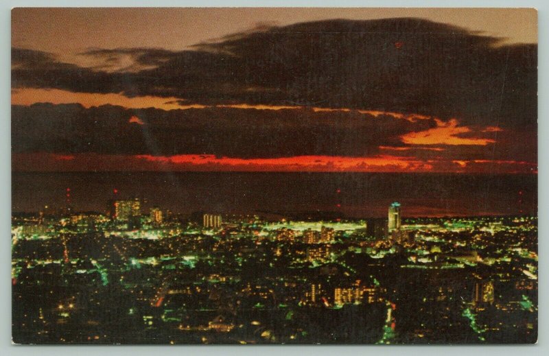 Honolulu Hawaii~Downtown Birdseye @ Sunset~c1951 Postcard