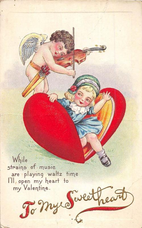 VALENTINE'S DAY Love Holiday Postcard c1910 Series 78C Violin Cupid Clam 407