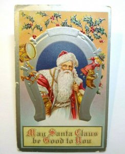 Santa Claus Old World Christmas Postcard Embossed Silver Horse Shoe 1911 Vintage 