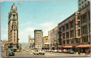 Oakland, North on Broadway and Telegraph, Roos Bros., Hastings c1961Postcard H01