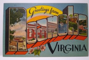 Greetings From Roanoke Virginia Large Big Letter Linen Postcard Buildings Unused