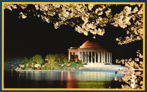 Postcard Jefferson Memorial Viewed At Night Cherry Trees Blossom Washington DC