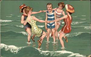 Bathing Beauty Women Dance & Tease Skinny Man in Monocle Embossed PC