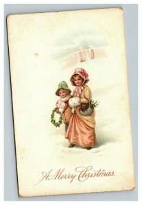 Vintage 1915 Christmas Postcard Cute Children in the Snow Gold Letters Wreath