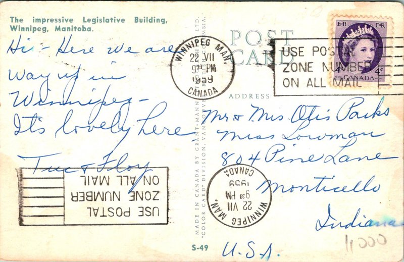 Winnipeg Manitoba Canada Legislative Building Postcard used 1959