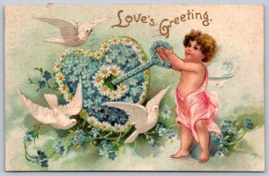 K47/ Valentine's Day Love Holiday Postcard c1910 Cupid Wings Doves 516