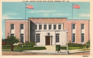 Vintage Postcard United States Post Office Building Panama City Florida FL Flags