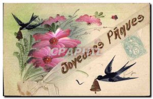 Old Postcard Fancy (drawing hand) Flowers Easter Swallows