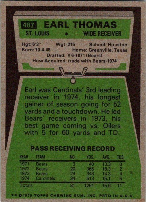 1975 Topps Football Card Earl Thomas St Louis Cardinals