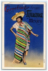 c1940's Women in Poncho Sombrero Dress Greetings from Tijuana Mexico Postcard