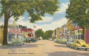 Postcard Indiana Syracuse Main Street Automobiles Teich Linen 23-7974