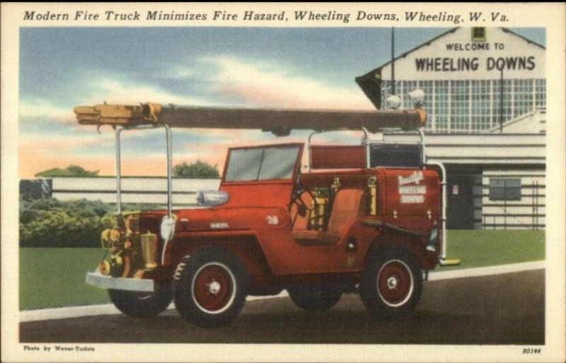 Wheeling WV Fire Truck Jeep at Wheeling Downs OUTSTANDING LINEN Postcard