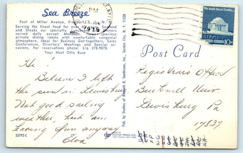 FREEPORT, Long Island New York NY ~ SEA BREEZE Restaurant 1975 Roadside Postcard