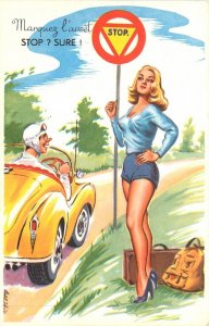 Postcard 1950s Sexy Daisy Dukes woman hitchhiking Happy motorist 24-79