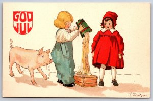 Christmas~Artist Hallgren~Farm Boy & Girl Slop the Pig~Hog Trough~Sweden 7606/3