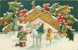 Embossed Christmas Postcard Nash Children No.1, Snowman & Xmas Tree, Posted