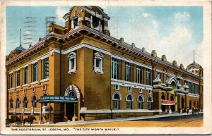 Postcard MO St. Joseph The Auditorium Postal New Rocky Mountain Park open cancel