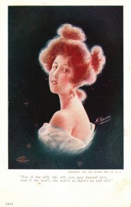 Vintage Postcard 1900's For if She Will Portrait Beautiful Lady with  Artwork