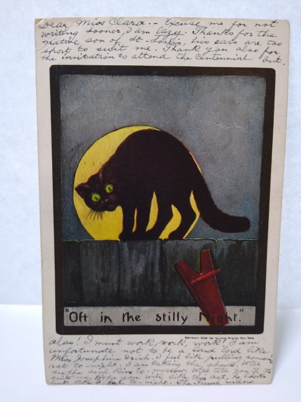 Halloween Postcard Black Cat On Fence Full Moon Ullman Series 138 Memphis 1909