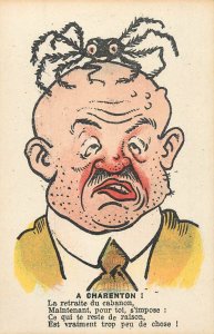 French humor comic caricature postcard - In Charenton bald man spider head