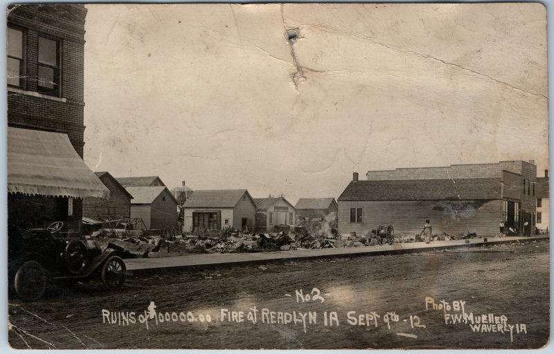 c1912 Readlyn IA Fire Ruins RPPC Disaster Photo $100,000 Damage Mueller Shop Car