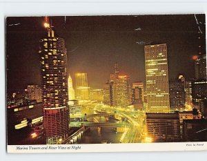 Postcard Marina Towers and River View at Night, Chicago, Illinois