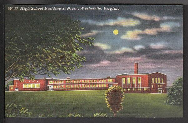 High School at Night Wytheville VA Post Card 5005  