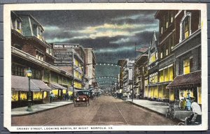 Vintage Postcard 1914 Granby Street (looking North) at Night, Norfolk VA