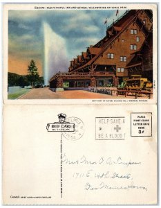 1954 Old Faithful Inn Geyser Yellowstone National Park Wyoming Vintage Postcard