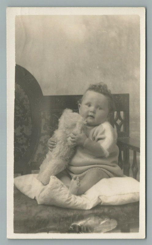 BABY w/ TOY BEAR ANTIQUE REAL PHOTO POSTCARD RPPC
