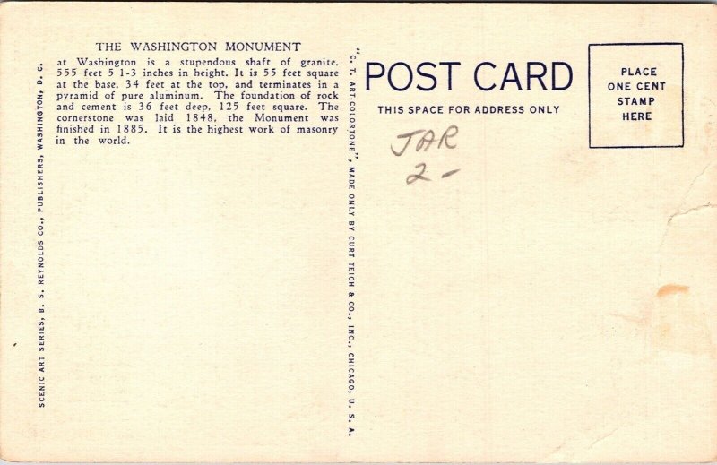 Washington Monument DC Linen Postcard UNP VTG Curt Teich Unused Vintage 