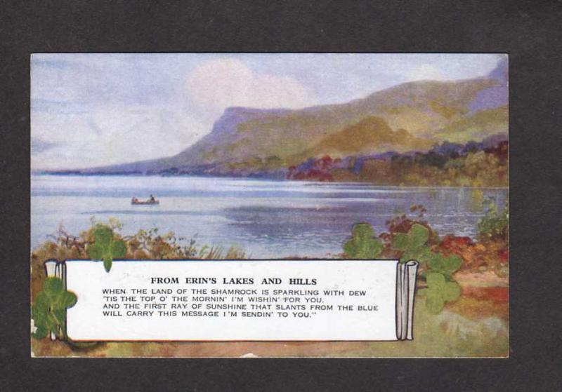 Ireland UK Lakes Hills of Erin Shamrock Valentine's Art Colour Postcard Poem