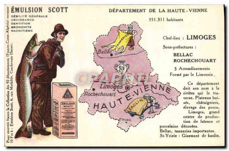 Postcard Old geographical map Scott Emulsion Haute-Vienne Limoges Fish