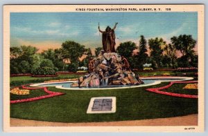Kings Fountain, Washington Park, Albany NY, Vintage Linen Curt Teich Postcard