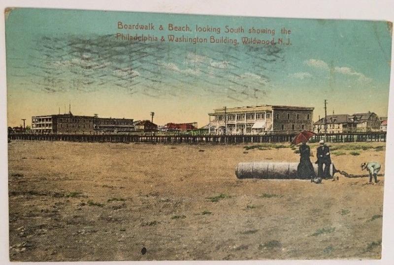 Wildwood NJ Sandy Beach Front PC1920 Phila Washington Bldgs Hotel People Dressed