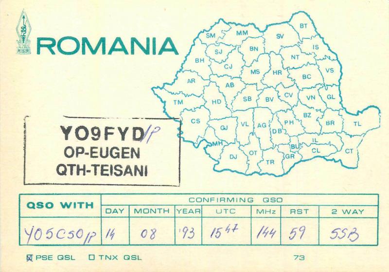 Romania Radio Amateur QSL card country map Op Eugen Teisani YO9FYD