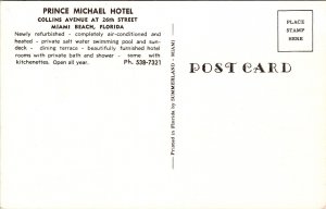 Vtg Miami Beach Florida FL Prince Michael Hotel Postcard